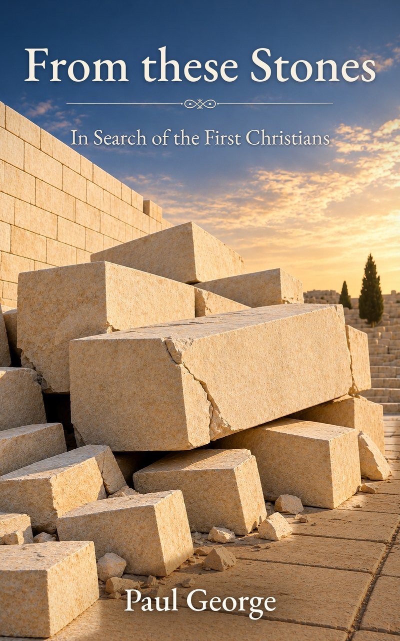 Cover of From these Stones: In Search of the First Christians, by Paul George. Fallen limestone blocks lie below a great wall at sunset.